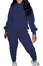 Navy Blue Casual Long Sleeve Oblique Neck Hoodie Jogger Pants Sports Sets S66318-1