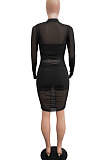 Black Euramerican Club Lady Mesh Spaghetti Tank Shorts Round Collar Pullover Ruffle Mini Dress Three Pieces WMZ2482-1
