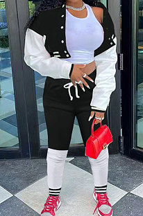 Black Modest New Spliced Long Sleeve Cardigan Coat Trousers Sports Sets ARM8313-4