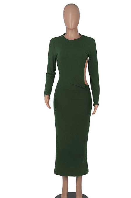 White Women Solid Color Sexy Long Sleeve Backless Round Collar Pullover Elastic Waist Long Dress WMZ2675-2