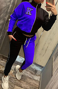 Blue Casual Women's Letter Color Matching Long Sleeve Jogger Sports Sets HHM6531-3