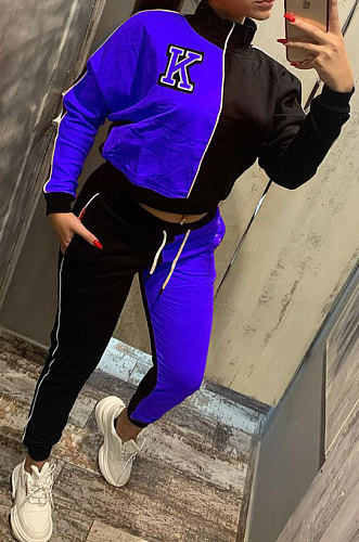 Blue Casual Women's Letter Color Matching Long Sleeve Jogger Sports Sets HHM6531-3