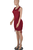 Black Women Round Collar Bodycon Drawsting Sleeveless Ruffle Knit Fashion Mini Dress WMZ2678-1