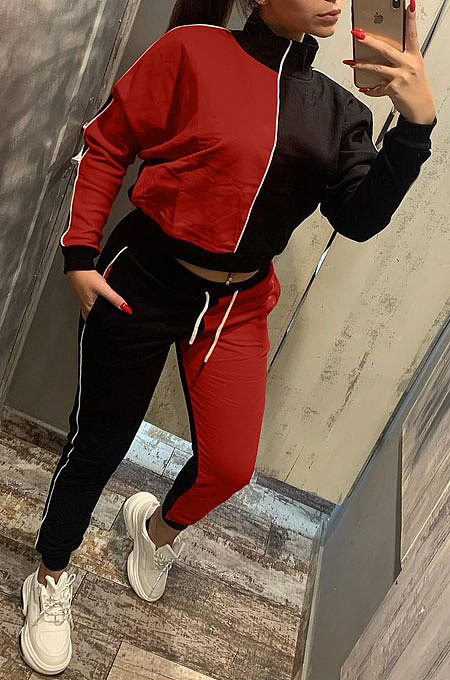 Red Casual Women's Color Matching Long Sleeve Jogger Sports Sets HHM6533-3