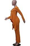 White Ribber Long Sleeve V Neck Irregular Tops Trousers Solid Color Set SY8829-1