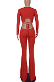 Yellow Women Pure Color Long Sleeve Dew Waist Sexy Ribber Tiny Flared Pants Sets ED8537-1