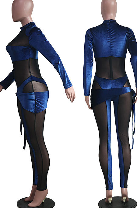 Brown Nigh Club Velvet Mesh Spliced Long Sleeve Irregular Jumpsuits SY8830-1