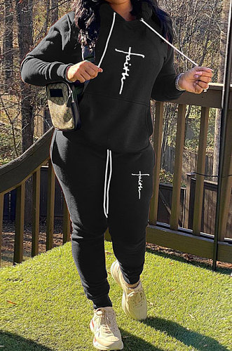 Blue Women Hoodie Drawsting Embroidered Casual Pants Sets SMY81124-2