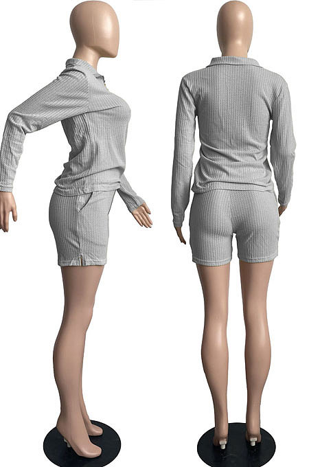 Black Simple Preppy Waffle-Knit Long Slereve Zipper Tops Shorts In Home Suit FH177-3
