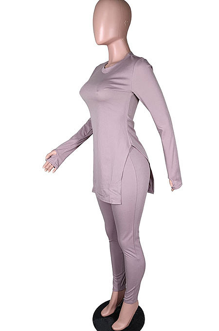 Purple Simple Pure Color Long Sleeve Round Neck Slit Tops Pencil Pants Suit N9270-3