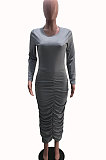 Black Women Long Sleeve Solid Color Fashion Round Collar Shirred Detail Long Dress YSH86273-2