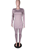 Dark Green Simple Pure Color Long Sleeve Round Neck Slit Tops Pencil Pants Suit N9270-9