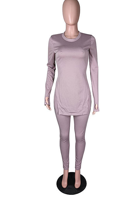 Pink Simple Pure Color Long Sleeve Round Neck Slit Tops Pencil Pants Suit N9270-7