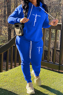 Blue Women Hoodie Drawsting Embroidered Casual Pants Sets SMY81124-2
