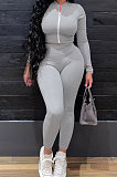 Gray Women Solid Color Zipper Long Sleeve Bodycon Pants Sets SMY81123-1