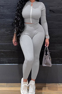 Gray Women Solid Color Zipper Long Sleeve Bodycon Pants Sets SMY81123-1