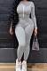 Gray Women Solid Color Zipper Long Sleeve Bodycon Pants Sets SMY81123-1