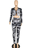 Army Green Women's  Tie Dye Printed Long Sleeve Lapel  Neck Zipper Crop Tops Pencil Pats Set E8621-3