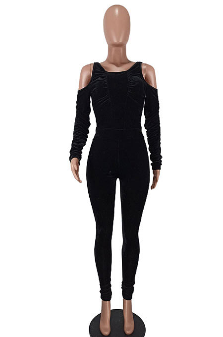 Dark Green Women Casual Velvet Off Shoulder Pure Color Ruffle Bodycon Jumpsuits ED8539-3