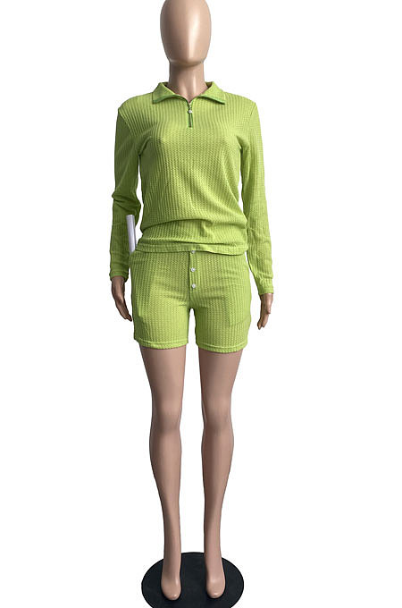 Grey Simple Preppy Waffle-Knit Long Slereve Zipper Tops Shorts In Home Suit FH177-1