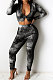 Black Women's  Tie Dye Printed Long Sleeve Lapel  Neck Zipper Crop Tops Pencil Pats Set E8621-1