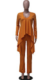 White Ribber Long Sleeve V Neck Irregular Tops Trousers Solid Color Set SY8829-1