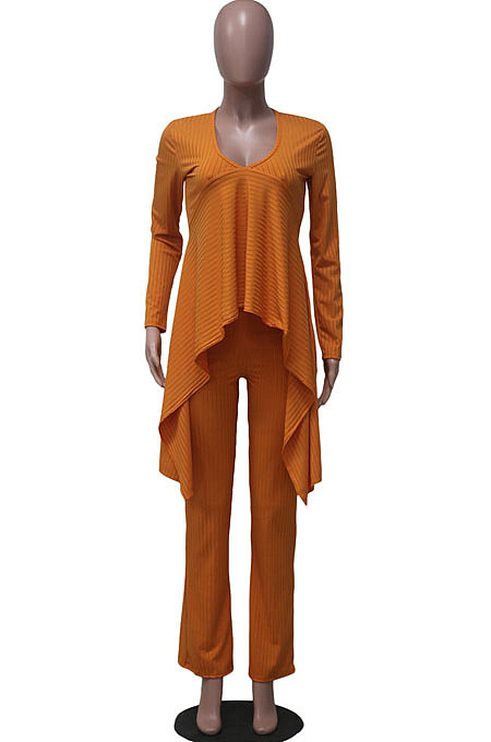 Grey Ribber Long Sleeve V Neck Irregular Tops Trousers Solid Color Set SY8829-4