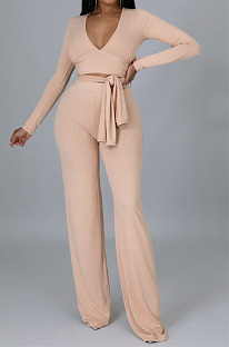 Apricot Pink Ribber Long Sleeve V Neck Irregular Tops Trousers Solid Color Set SY8829-2