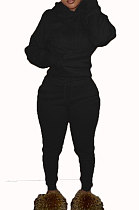Black Euramerican Fashion Women Solid Color Hoodie Fleece Long Sleeve Sport Pants Sets YSH86279-5