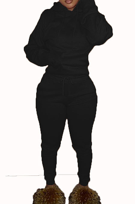 Black Euramerican Fashion Women Solid Color Hoodie Fleece Long Sleeve Sport Pants Sets YSH86279-5