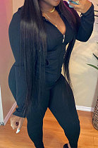 Black Cotton Blend Long Sleeve Zipper Hoodie Skinny Pants Solid Color Suit FH180-3