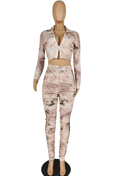 Black Women's  Tie Dye Printed Long Sleeve Lapel  Neck Zipper Crop Tops Pencil Pats Set E8621-1