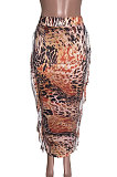 Orange Euramerican Women Leopard Printing Tassel Skirts HM5516-3