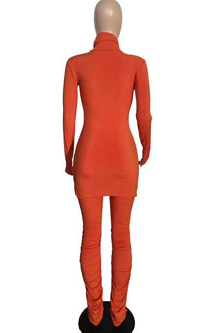 Orange Women High Collar High Elastic Ribber Trendy Shirred Detail Pants Sets XT8126-1