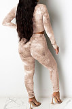 Black Women's  Tie Dye Printed Long Sleeve Lapel  Neck Zipper Crop Tops Pencil Pats Set E8621-1