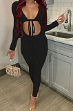 Black Women Fashion Sexy Pure Color Ribber Tied Crop Bodycon Jumpsuits YSH86278-1