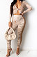Khaki Women's  Tie Dye Printed Long Sleeve Lapel  Neck Zipper Crop Tops Pencil Pats Set E8621-2