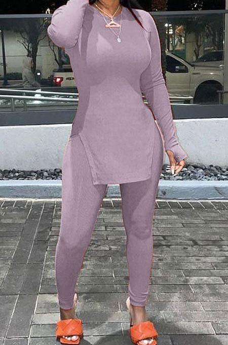 Light Purple Simple Pure Color Long Sleeve Round Neck Slit Tops Pencil Pants Suit N9270-4