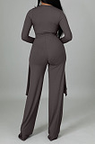 White Ribber Long Sleeve V Neck Irregular Tops Trousers Solid Color Set SY8829-1