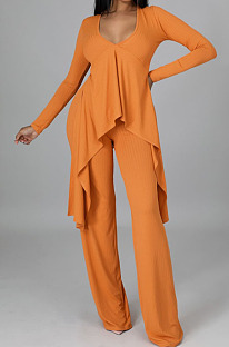 Orange Ribber Long Sleeve V Neck Irregular Tops Trousers Solid Color Set SY8829-5