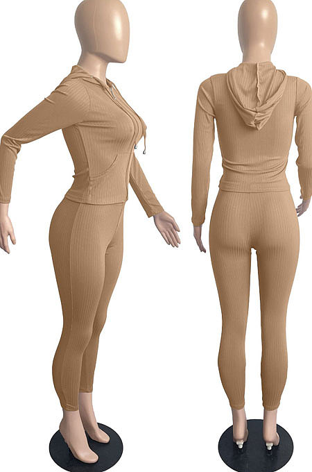 Black Cotton Blend Long Sleeve Zipper Hoodie Skinny Pants Solid Color Suit FH180-3