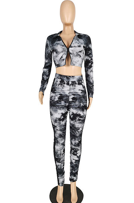 Black Women's  Tie Dye Printed Long Sleeve Lapel  Neck Zipper Crop Tops Pencil Pats Set E8621-1