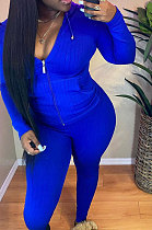 Blue Cotton Blend Long Sleeve Zipper Hoodie Skinny Pants Solid Color Suit FH180-4