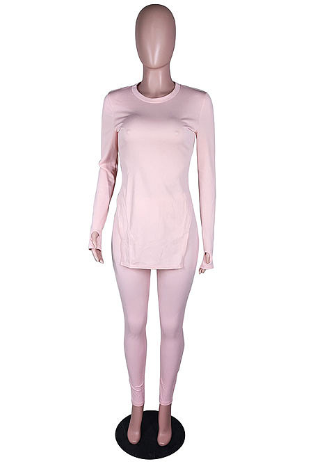 Purple Simple Pure Color Long Sleeve Round Neck Slit Tops Pencil Pants Suit N9270-3