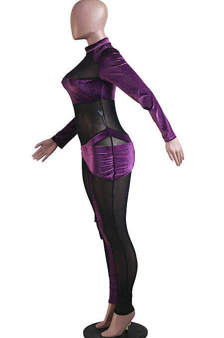 Blue Nigh Club Velvet Mesh Spliced Long Sleeve Irregular Jumpsuits SY8830-5