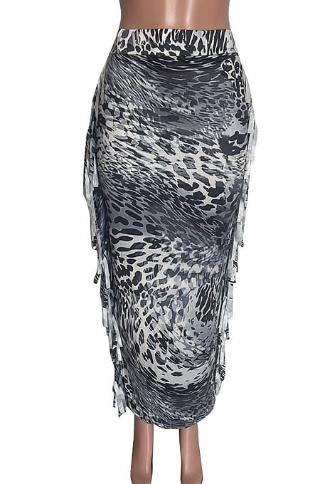 Black Euramerican Women Leopard Printing Tassel Skirts HM5516-1