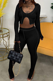 Black Newest Design Long Sleeve Irrugelar Tops Skinny Pants Casual Sets E8616-2
