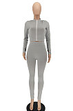Gray Women Solid Color Zipper Long Sleeve Bodycon Pants Sets SMY81123-1