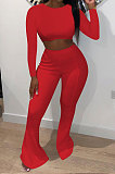 Yellow Women Pure Color Long Sleeve Dew Waist Sexy Ribber Tiny Flared Pants Sets ED8537-1