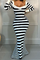 Luxe Simple Striple Long Sleeve Square Neck Collect Waist For Party Mermaid Dress E8618